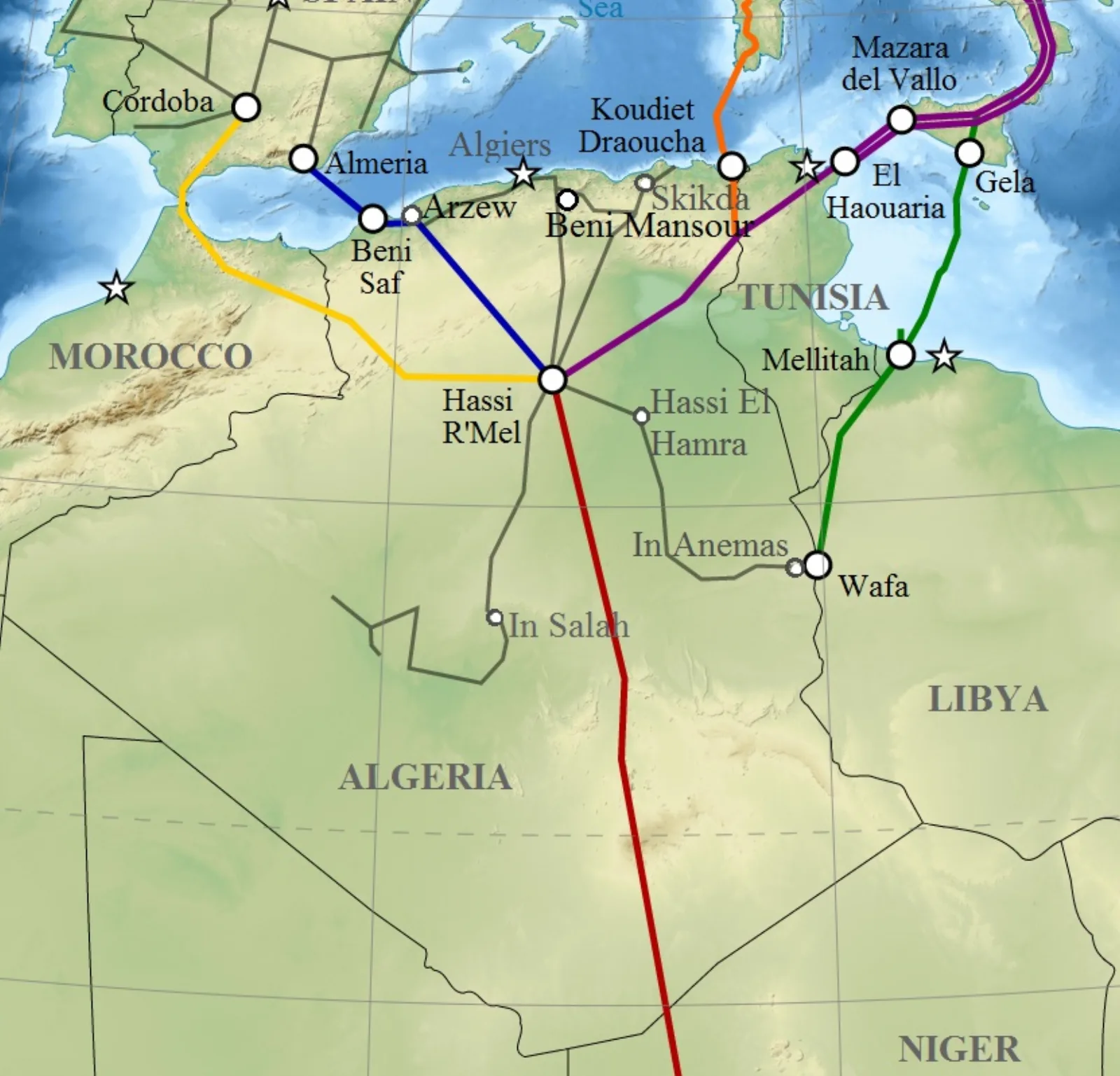 Carte des gazoducs en Algérie et Méditerranée